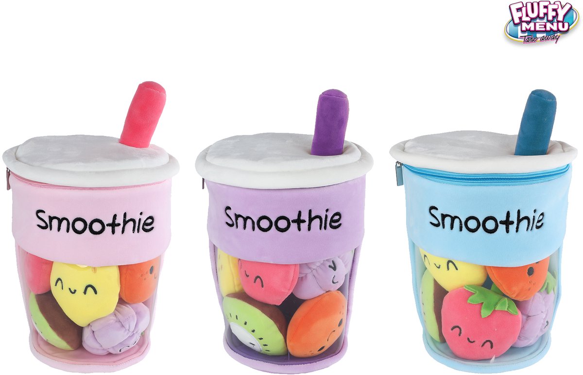 VAN MANEN Pluche smoothy knuffel beker met fruit 26cm - fluffy menu speelgoed.