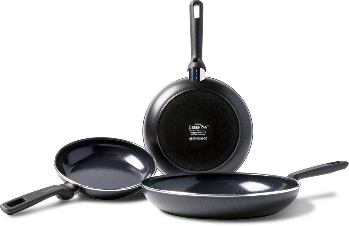 GreenPan memphis koekenpannenset 3-delig - 20 24 28cm - pfas-vrije antikleeflaag - pannenset inductie - keramische pan - ovenbestendig tot 160°c - koudgrepen - zwart