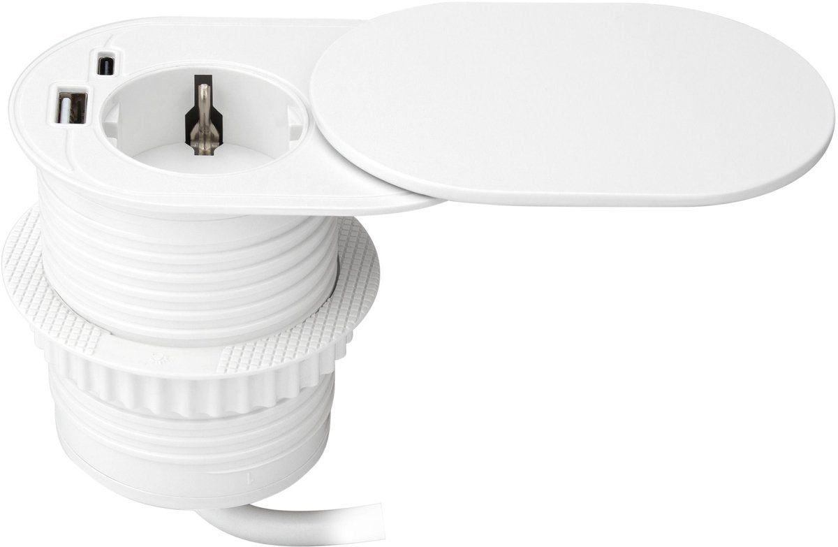 ORNO stekkerdoos inbouw - slide open verdeelstekker met 1 stopcontact - usb a c - ø 60mm stekkerblok met 1.9 meter kabel - randaarde - wit