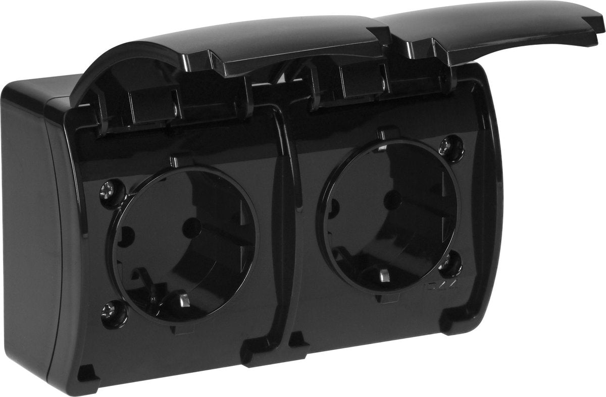 ORNO Buiten wandcontactdoos opbouw - dubbele wandstopcontact ip44 - stopcontact buiten schuko - zwart