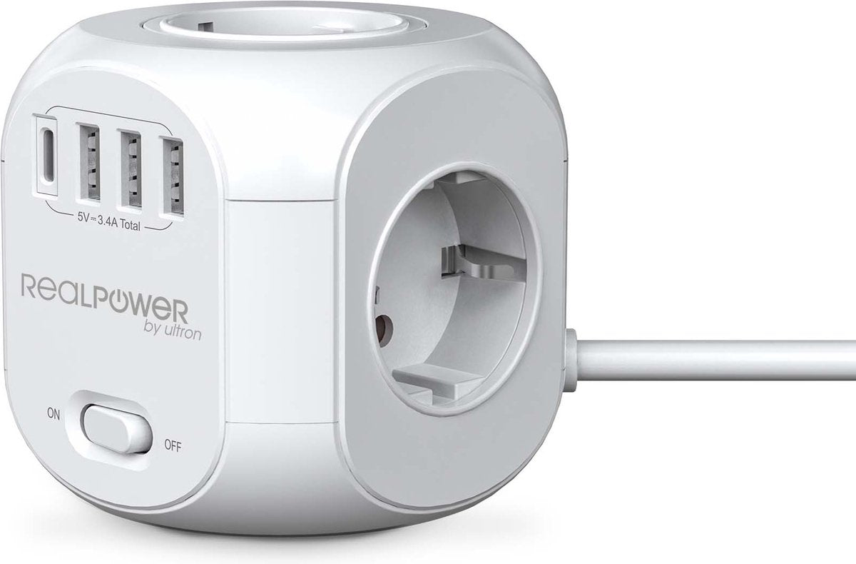 RealPower powerbox4 31 - 4-poorts stekkerdoos kubus - 3 x usb, 1 x usb-c - 1,8 meter kabel - wit