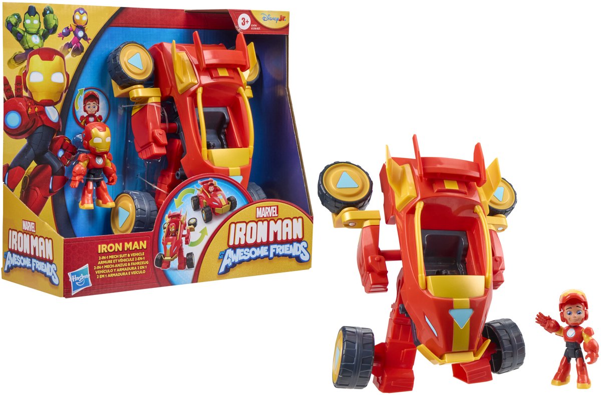 Hasbro Marvel iron man and his awesome friends, 2-in-1 mech-pak en voertuig, actiefiguur en speelgoedvoertuig