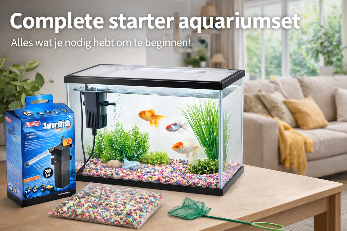 Flamingo Aquarium lollipop – 16 l – complete aquariumset met filter, grind afdekglas – kunststof – aquarium voor zoetwater