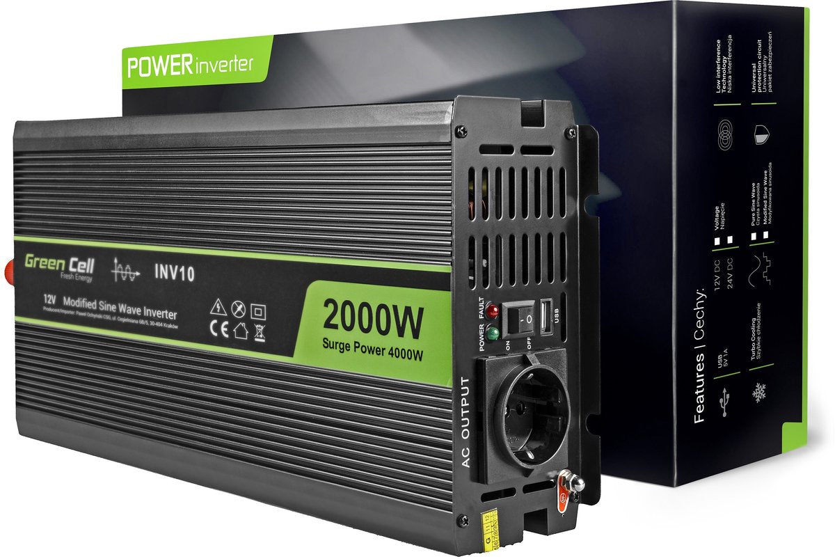 GREEN CELL inv10 omvormer 2000w - 12v naar 230v - gemodificeerde sinus