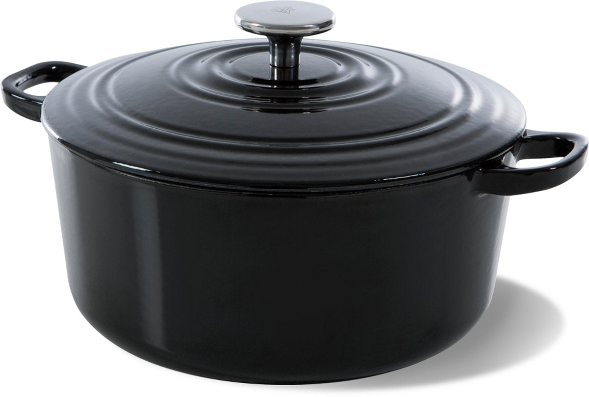 BK bourgogne braadpan gietijzer 24cm 4.2l - inductie braadpan - gietijzeren braadpan - ovenbestendig tot 230 graden - deksel met druipringen - wit geëmailleerde binnenkant - zwart