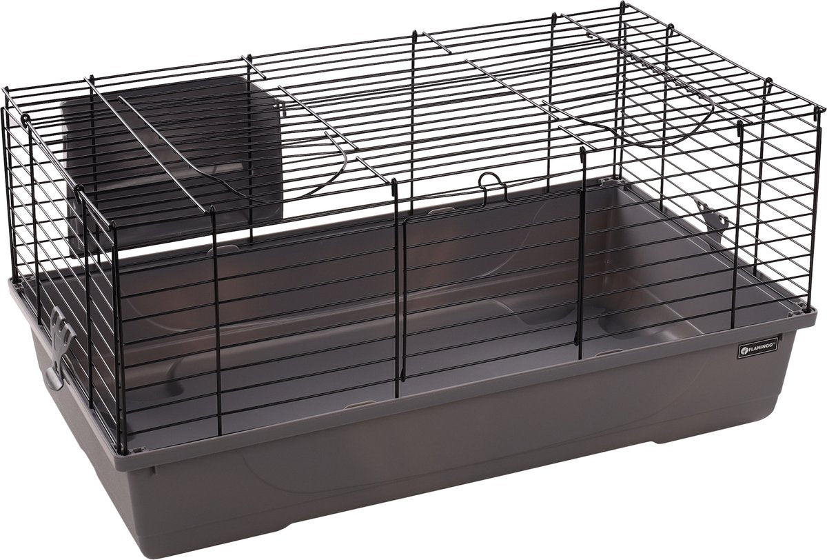 Flamingo Hamsterkooi – mobi – caviakooi dwergkonijnenkooi – binnenkooi met hooiruif en diepe bodem – metaal zwart grijs – 75x47x40 cm – europese kwaliteit