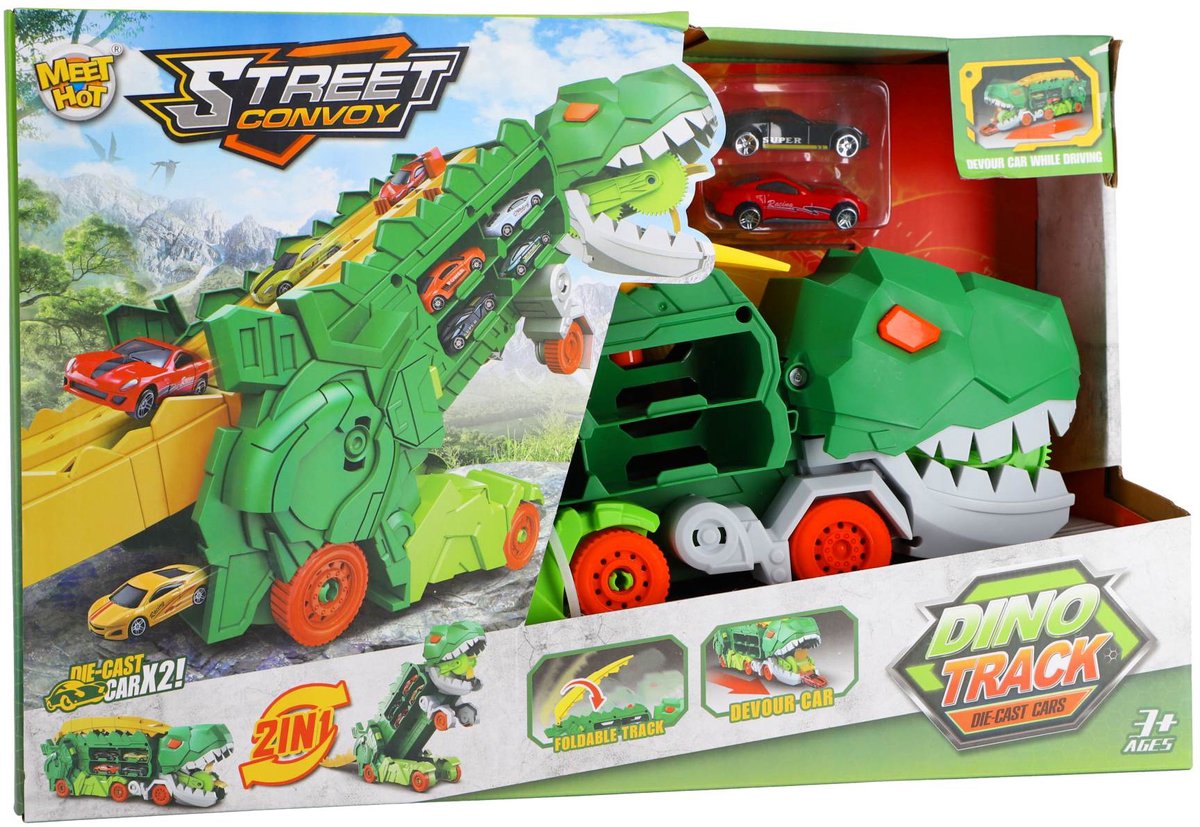 Ottosimon Kiddygo transporter dino speelgoed met 2 diecast auto's en racebaan.