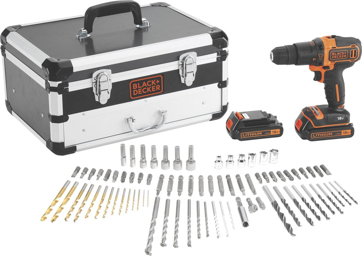 BLACK+DECKER kit: 18v accu schroef-klopboormachine flightcase met extra acc - bdc718as2f-qw