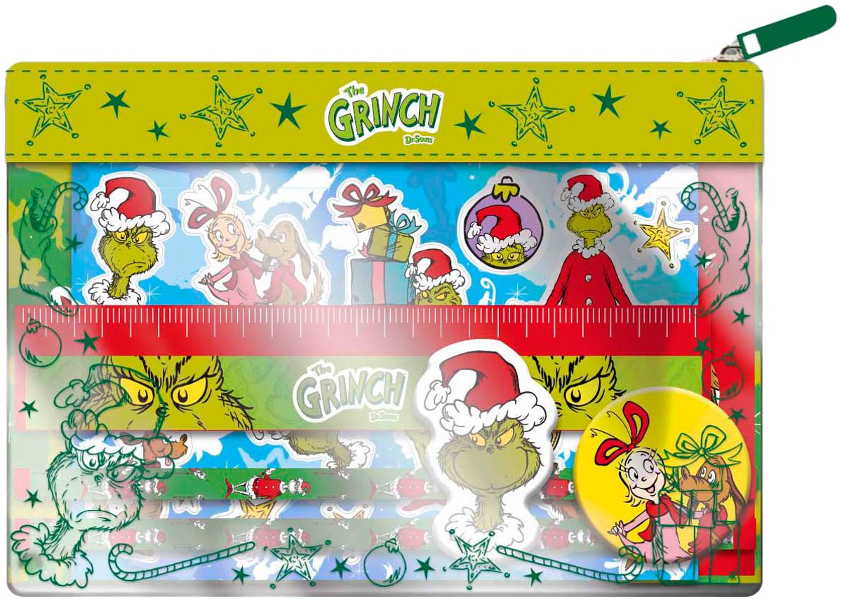 Totum The grinch 10-delige etui met inhoud 14 x 20 cm - schrijfwaren stickers schoolartikelen speelgoed jongens en meisjes cadeau