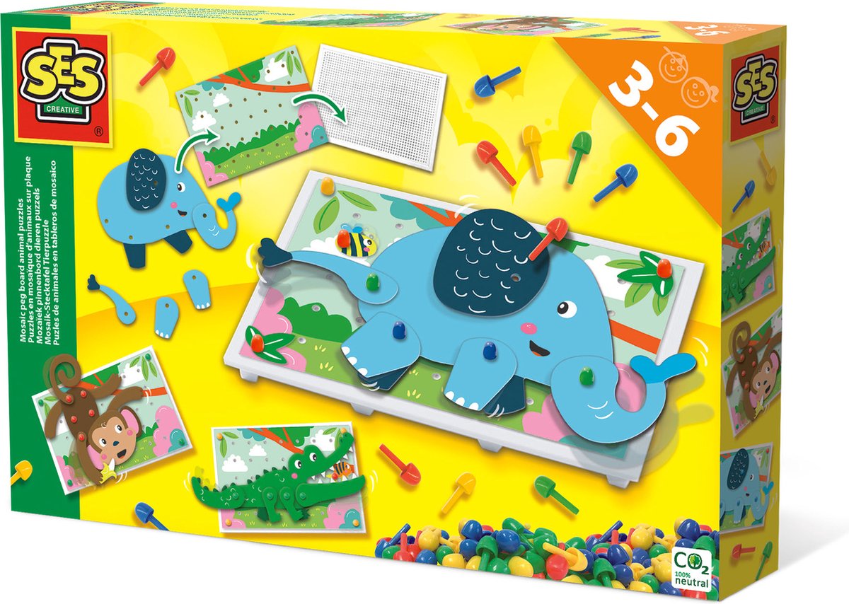 SES Creative Ses - mozaïek pinnenbord dieren puzzels - met 100 pinnen in 4 kleuren - steeds opnieuw te gebruiken