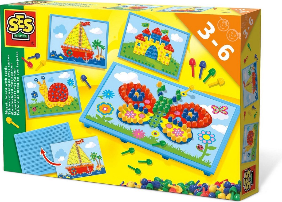 SES Creative - mozaïekbord met kaarten - met 100 gekleurde pinnen en 4 kaarten om te mozaïeken