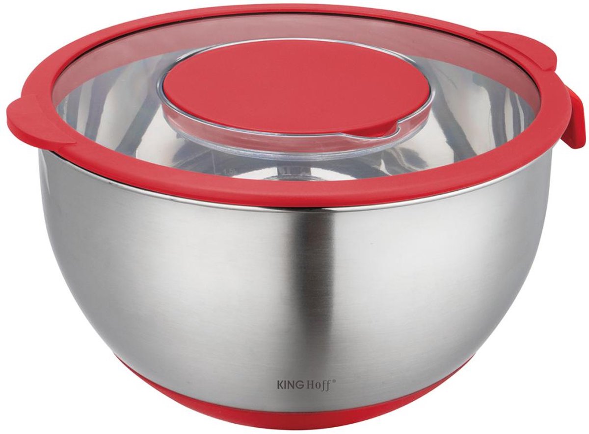 KINGHOFF Rvs mengkom met deksel – multifunctioneel (5l, rood) – inclusief 3 raspstanden, maatverdeling en antislip rand – voor mengen, raspen en opslaan