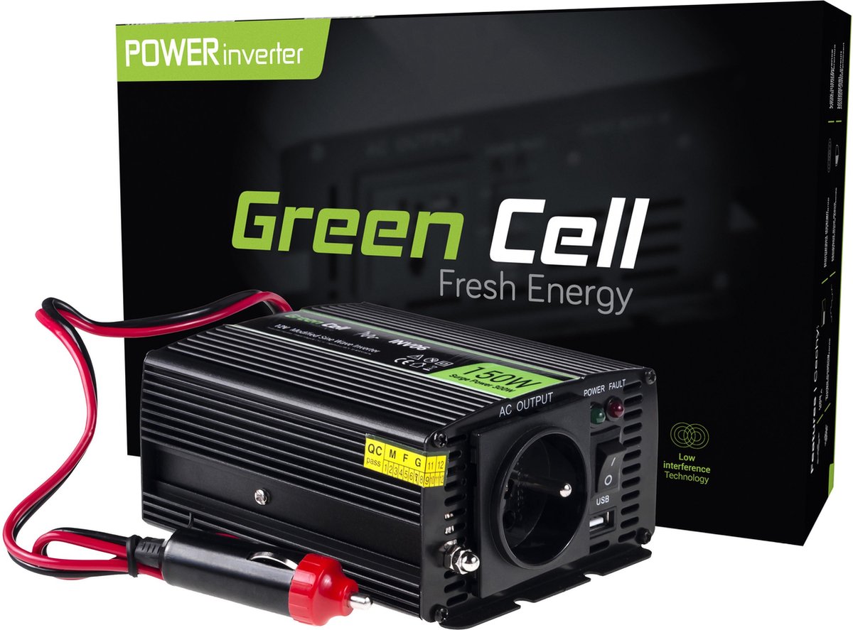 GREEN CELL Voltage auto omvormer 12v naar 230v, 150w 300w gemodificeerde sinusgolf.