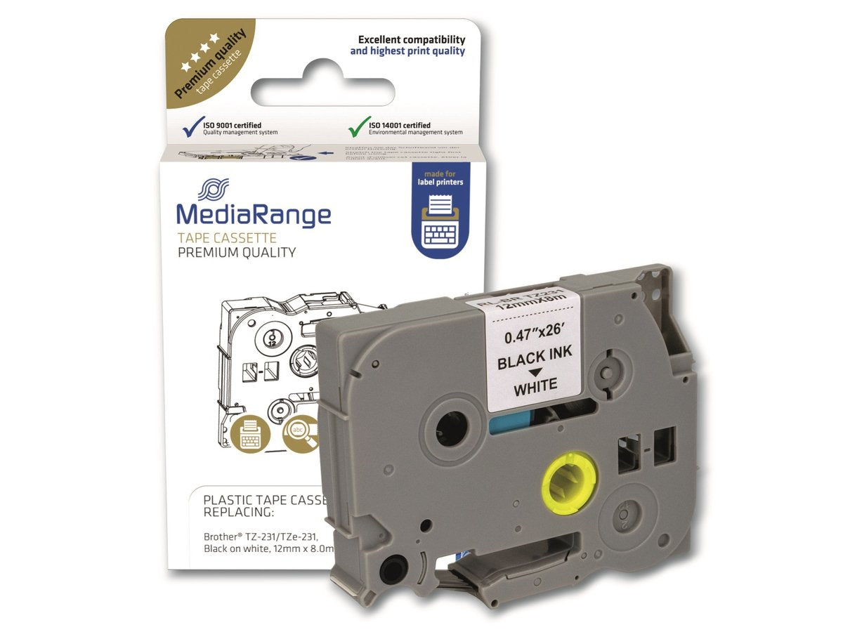 MediaRange - brother compatible labels tz-231 tze-231- 12mm x 8m - zwart op wit