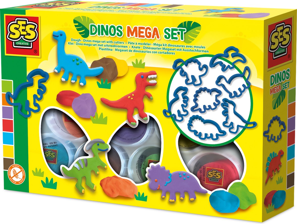 SES Creative - dino klei - mega set met kleivormen (7x90g) - vegan en glutenvrij - herbruikbaar - uitwasbaar - vanaf 2 jaar