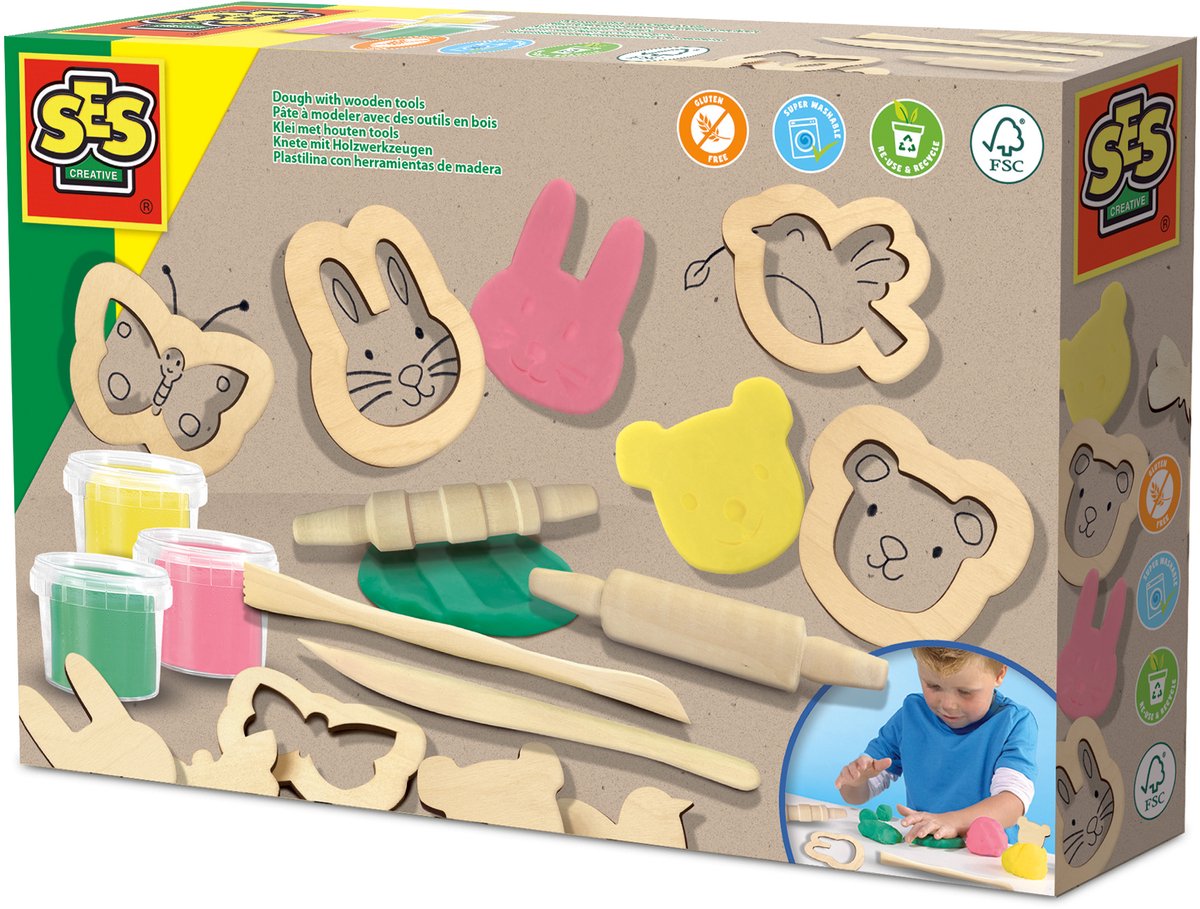 SES Creative Ses eco klei met houten tools - 3 kleipotjes