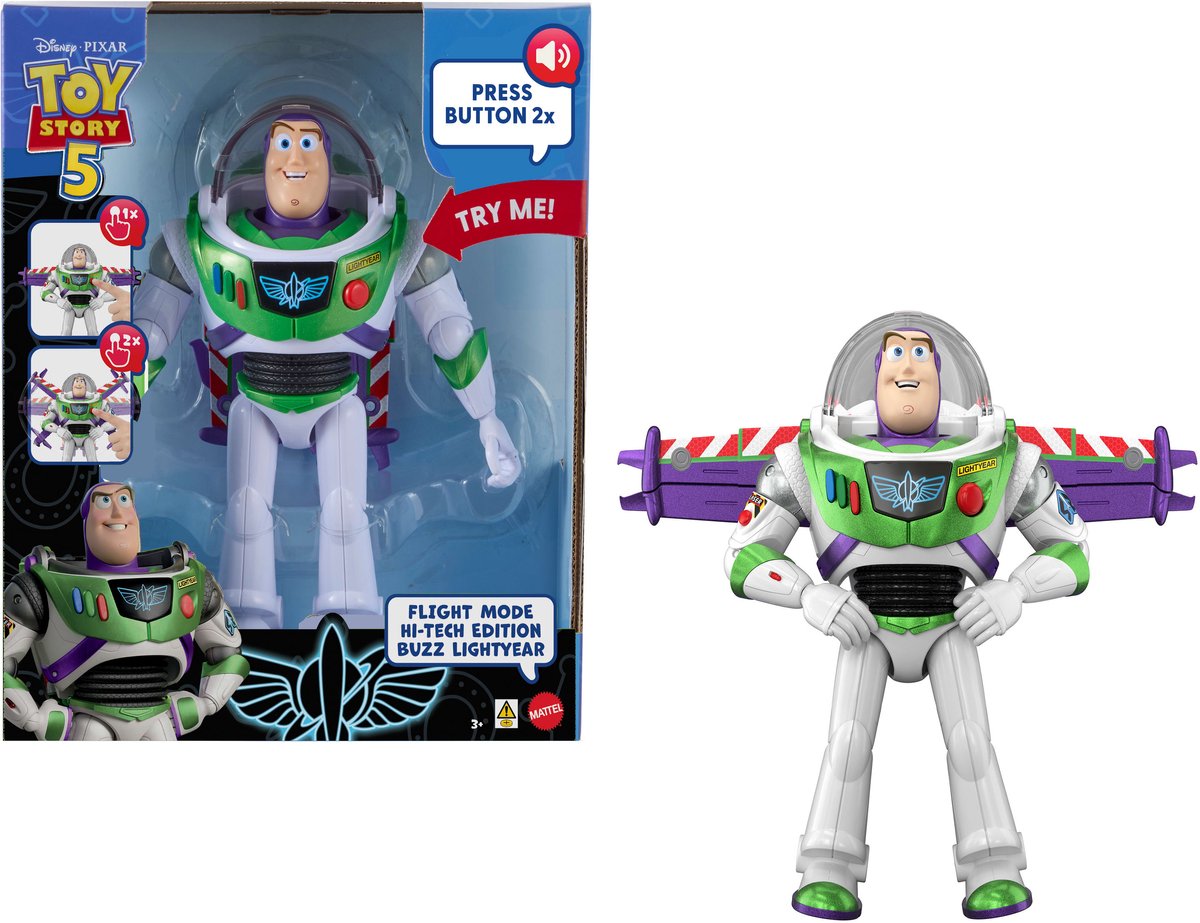 Mattel Disney en pixar toy story 5 actiefiguur van 30 cm - vliegstand hi-tech editie buzz lightyear met vleugelactivering en meer dan 35 geluiden - frans editie