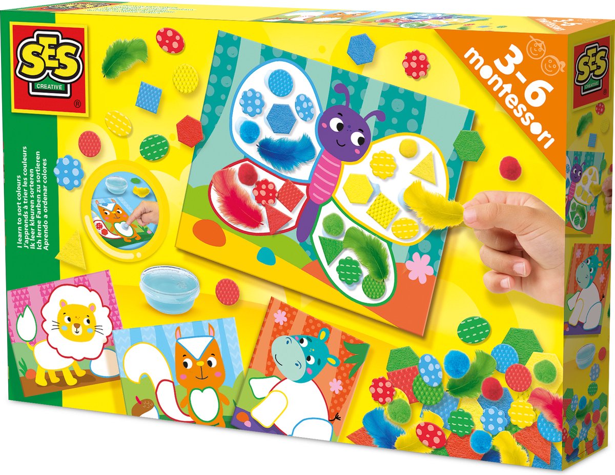 SES Creative 14062 montessori speelgoed kleuren en materialen sorteren - 4 plakkaarten - sensorisch speelgoed - veertjes, structuur foam, vilt en vingerlijm