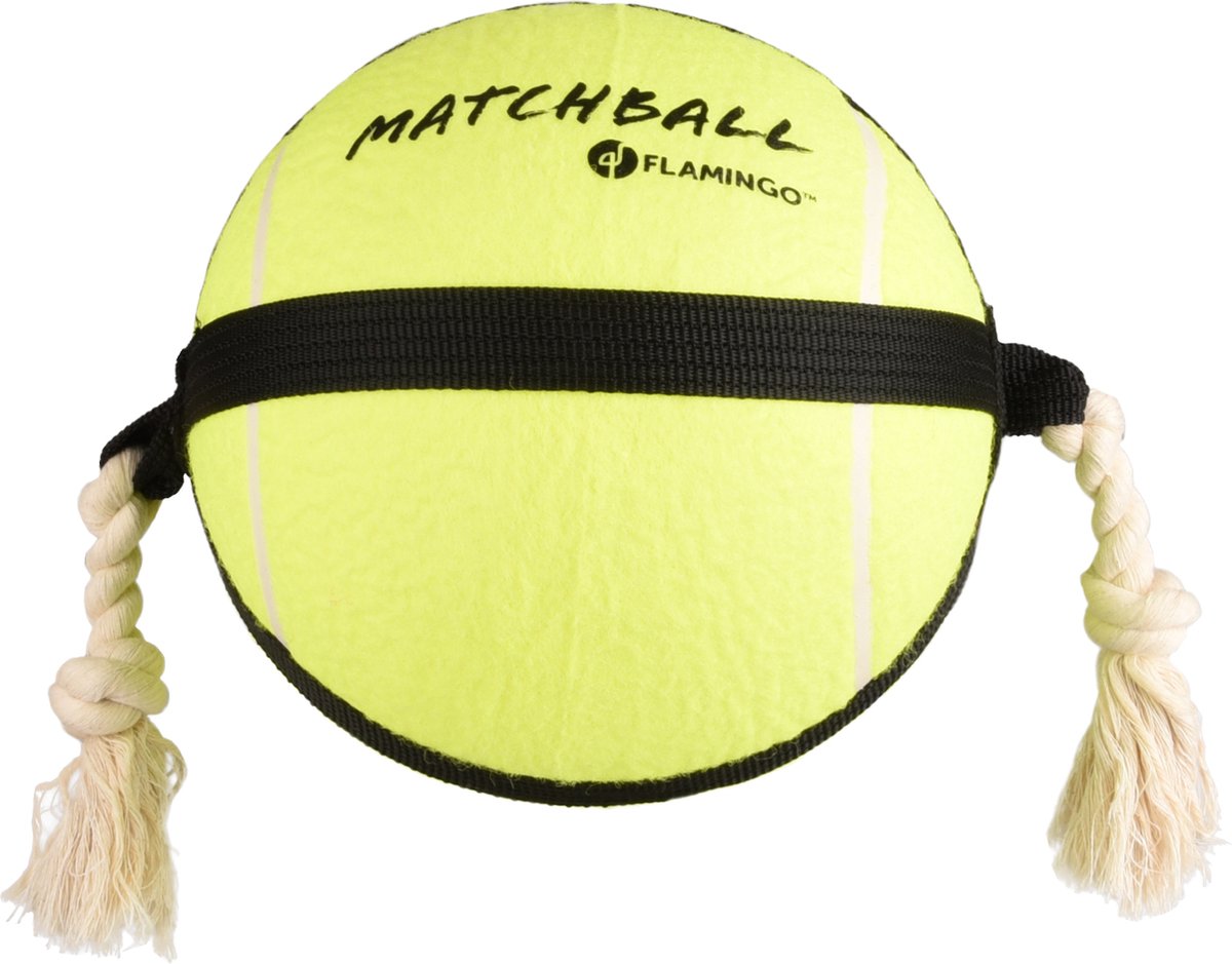Flamingo Hondenspeelgoed – matchball tennisbal met touw – hondenspeelgoed – hondentouw – hond bal – honden bal – 50 cm – geel