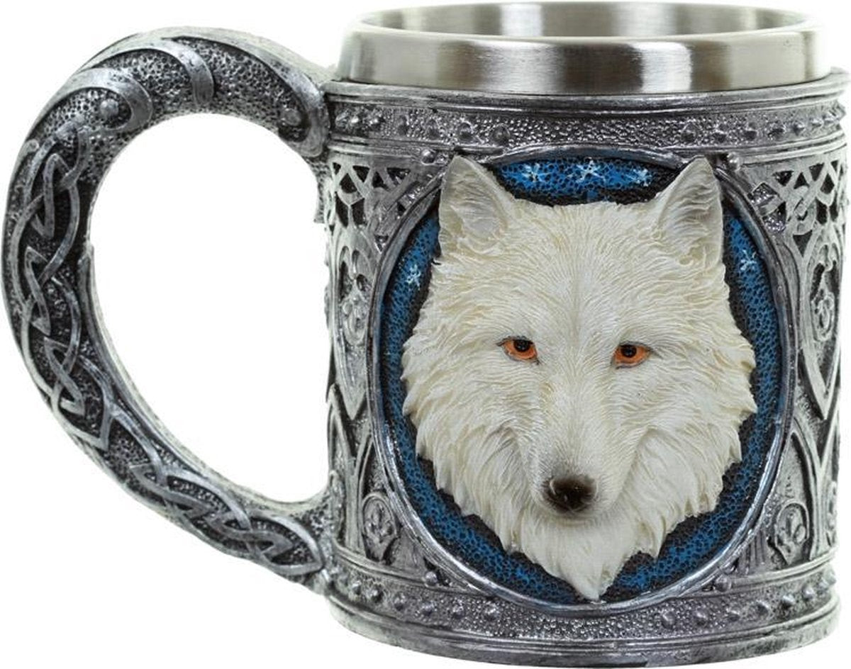 Puckator Decoratieve witte wolf drinkbeker - witte wolf mok met rvs inzet - voor warme en koude drankjes