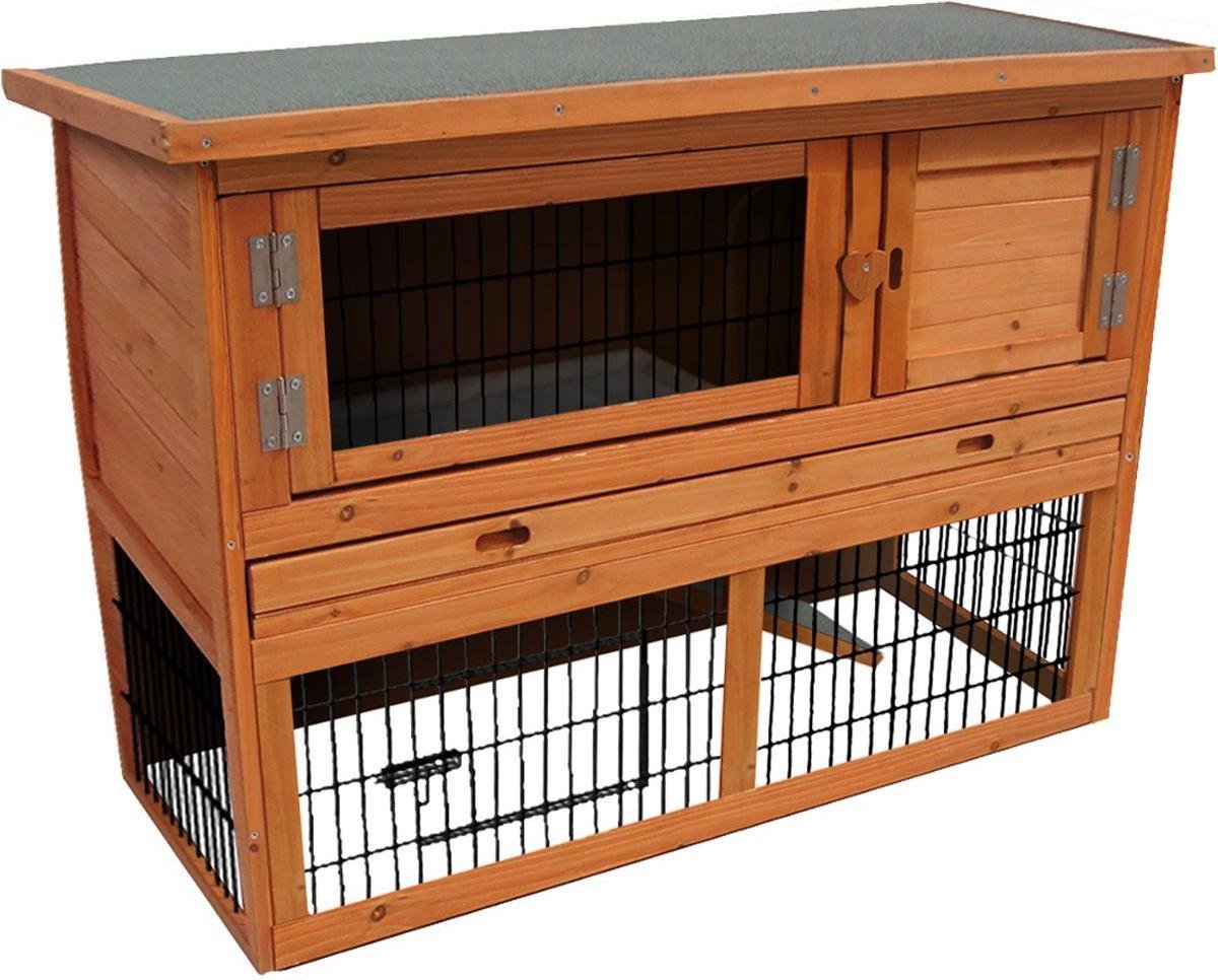 Flamingo Konijnenhok met ren – compact konijnenhok voor buiten met nachthok en uitloopren – 111x45x78 cm – konijnenhok loft classic bruin