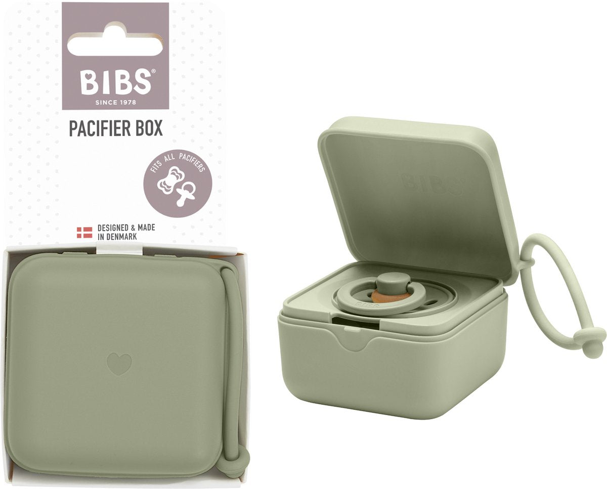 BIBS speenbakje met lus. speenhouder en steriliseerbakje. 100% bpa-vrij voedselveilig materiaal. gemaakt in denemarken. sage