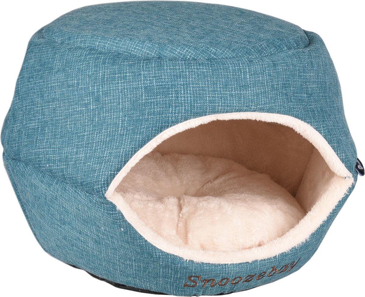 Flamingo Kattenbed – katten slaapmand – kattenhuis – kattenhol – cat cave – blauw crème, 45 x 35 x 35 cm – slaapplaats snoozebay
