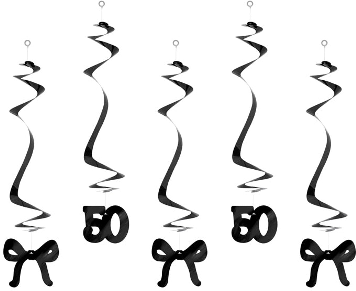 PartyDeco Verjaardagsdecoratie met slinger voor een 50e verjaardag, met linten, zwart, 50 cm (1 verpakking 5 stuks)