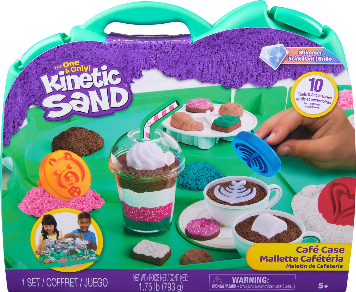 Kinetic Sand - cafékoffer met 793 g speelzand in 4 kleuren 9 gereedschappen en vormen opbergkoffer