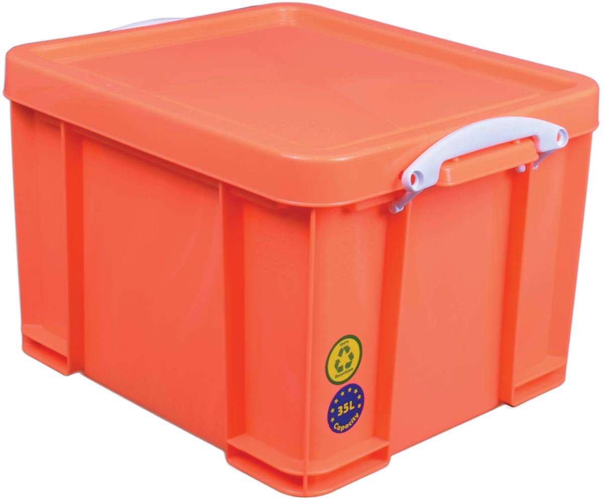 Really Useful Box opbergdoos 35 liter | neonoranje met witte handvaten