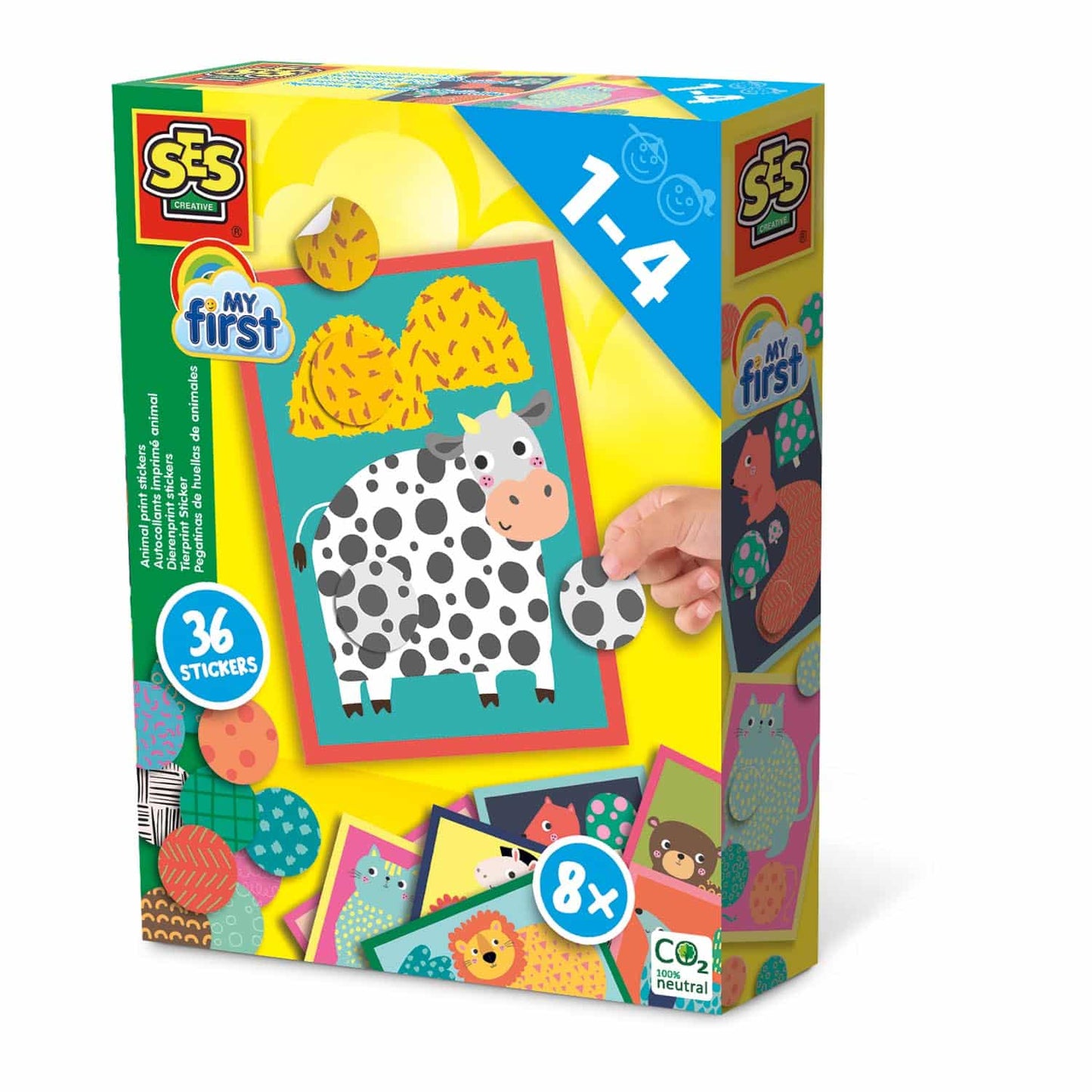 SES Creative - my first - dierenprint stickers - 8 kaarten met 36 stickers - plak de juiste kleuren en patronen op de kaart – educatief speelgoed 1 tot 4 jaar