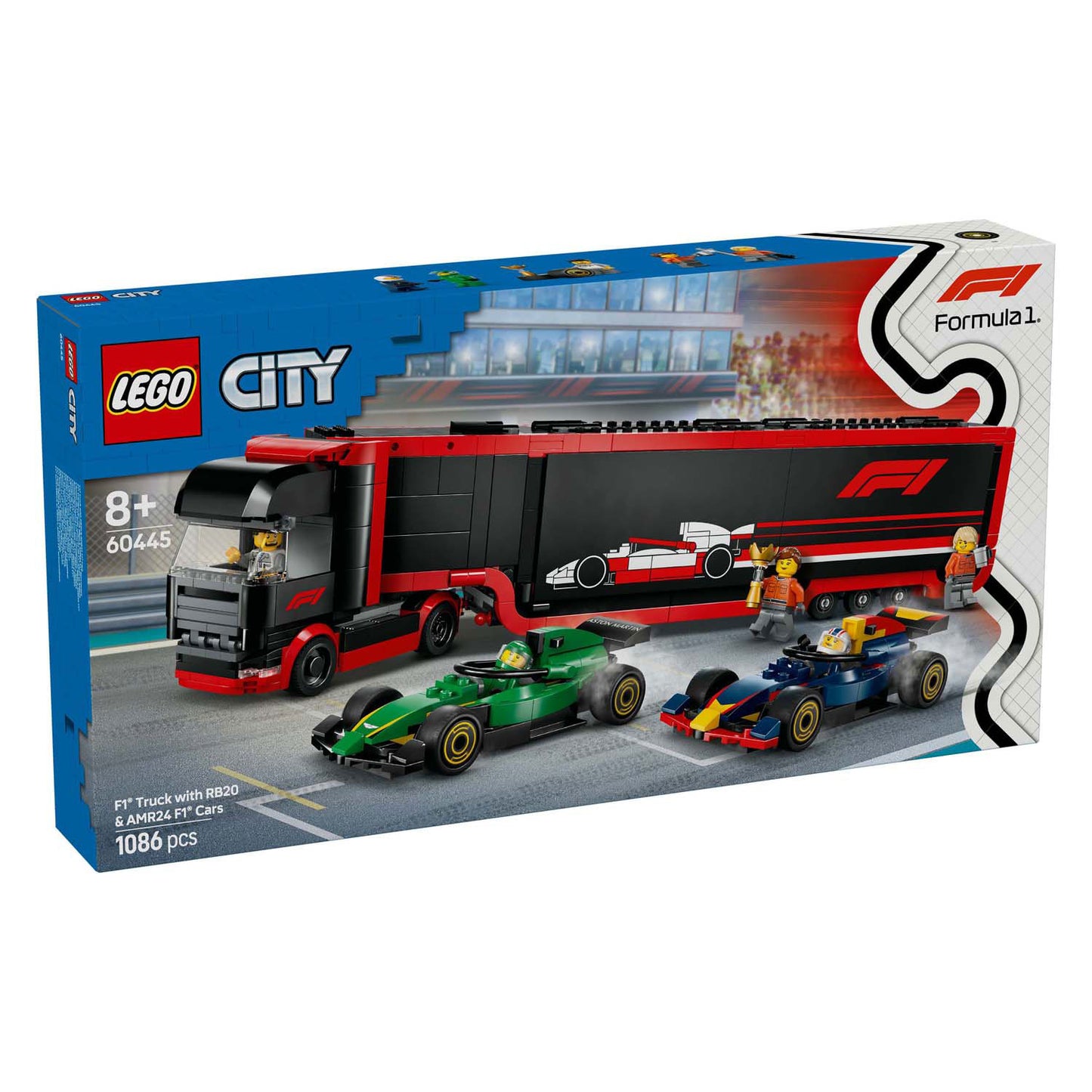 LEGO city 60445 f1 truck met rb20 en amr24 f1 auto's