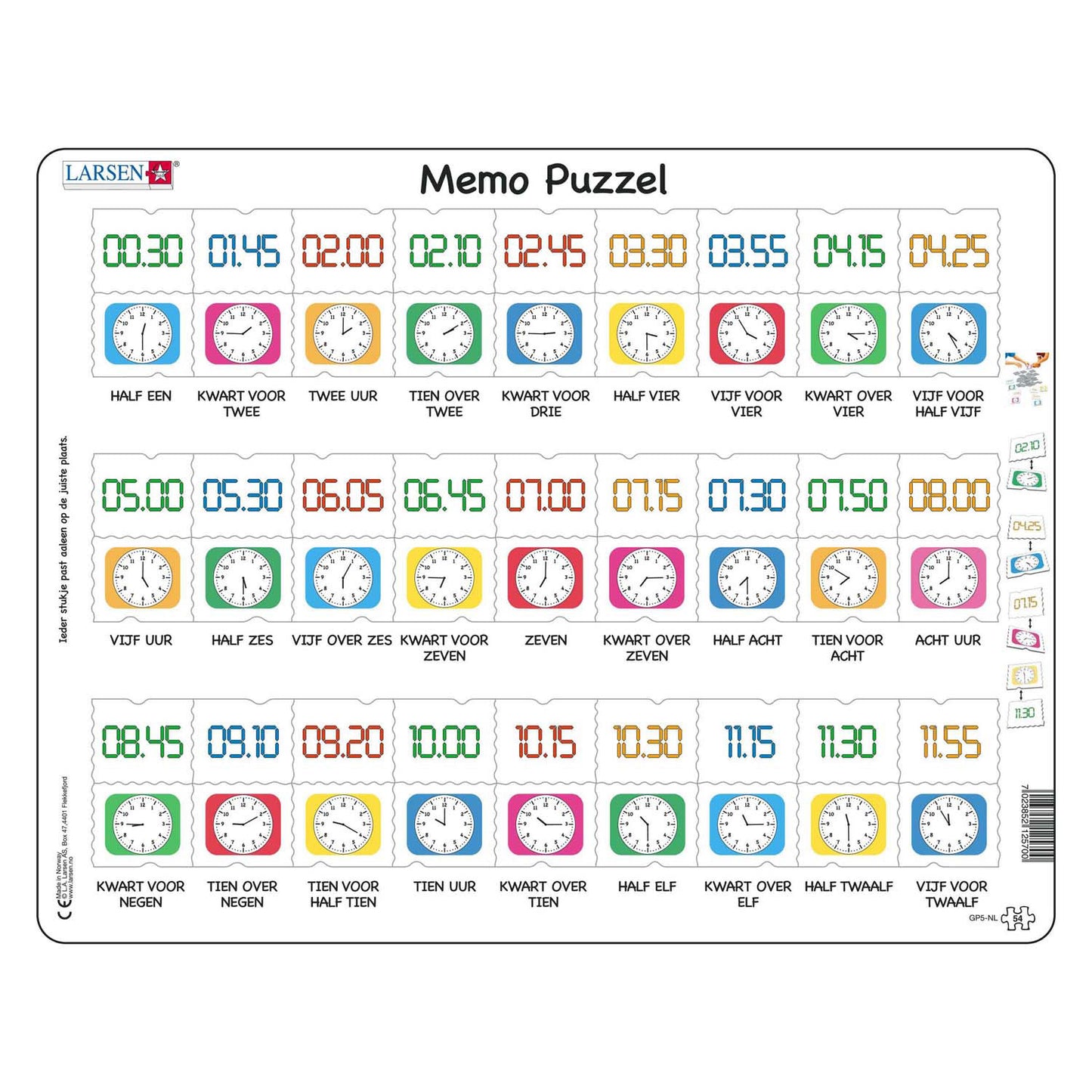 Selecta Larsen memopuzzel leren klokkijken traditionele en digitale klok , 54st.