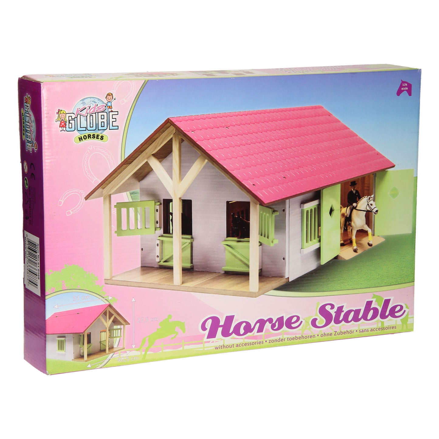 Kids Globe Paardenstal roze met 2 boxen en berging, 1:24