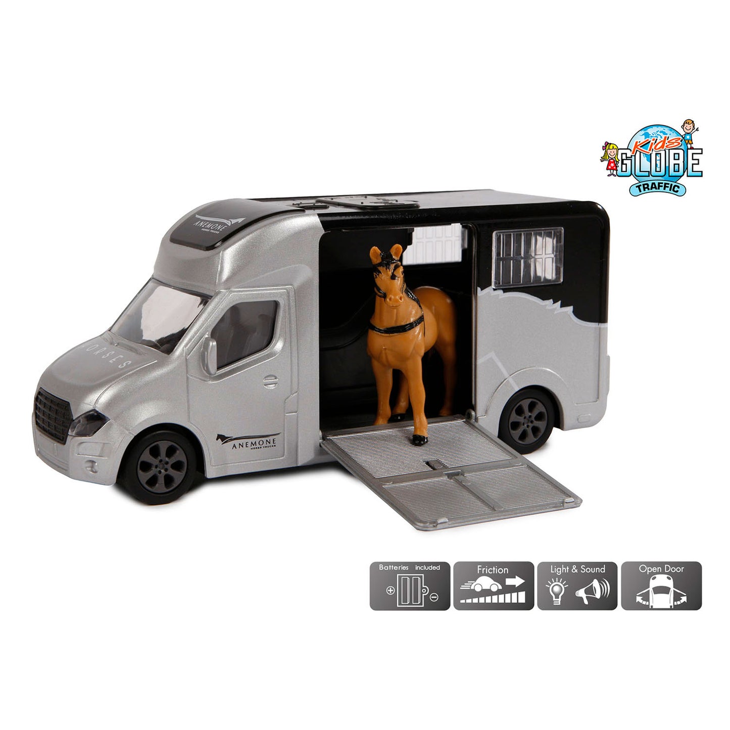 Kids GLOBE die-cast paardentruck met licht en geluid grijs