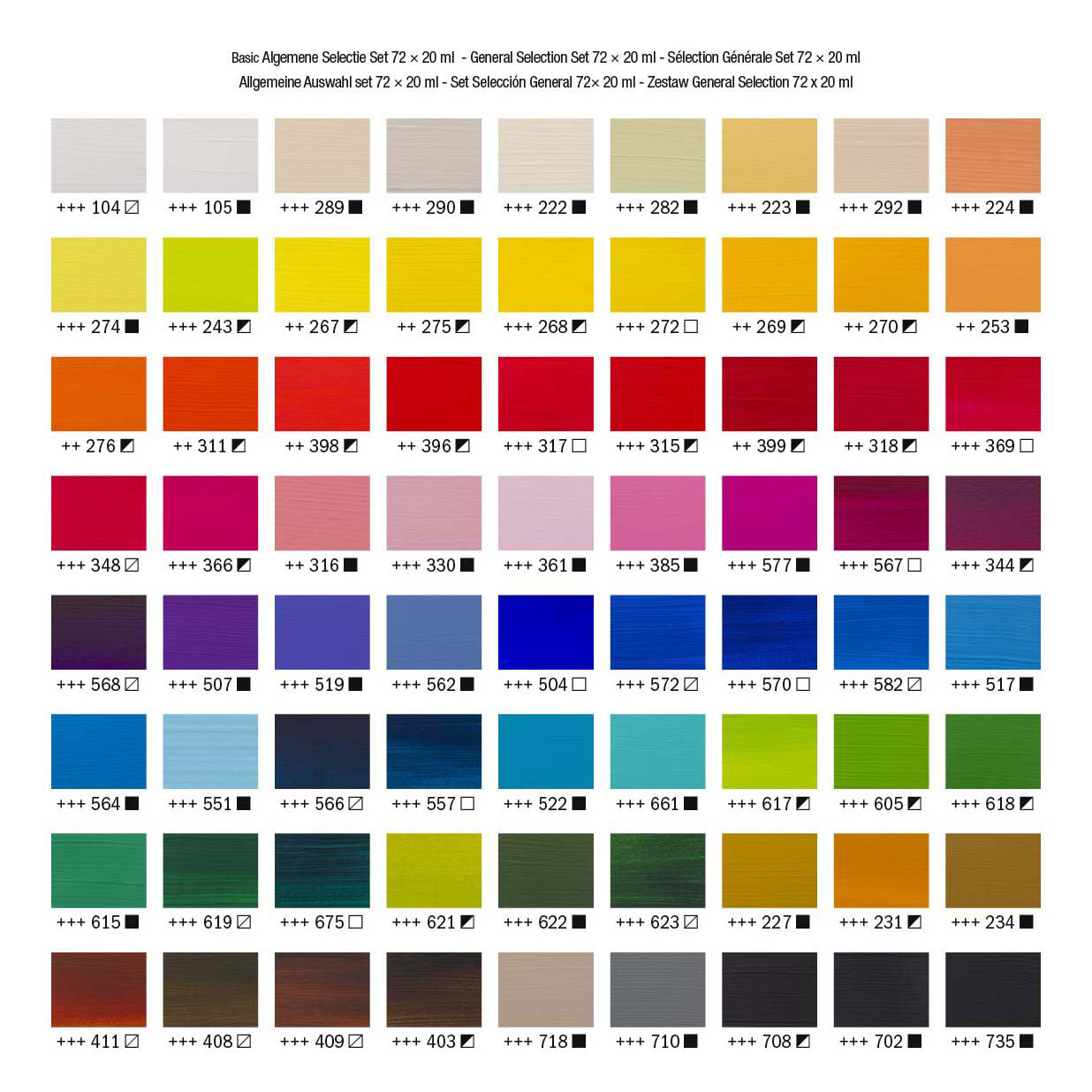 Bruynzeel Amsterdam standard series acrylverf algemene selectie set 20ml, 72dlg.