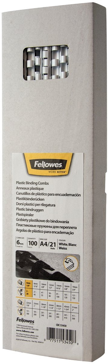 Fellowes bindruggen - 6mm - 21rings - a4 - wit - 100 stuk