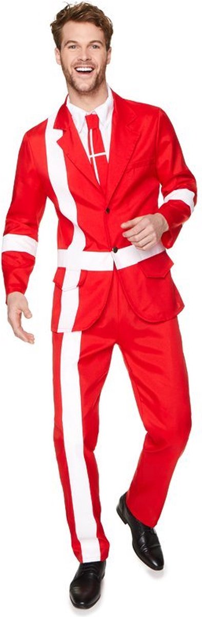 Partychimp Karnival costumes deens verkleedkostuum denemarken carnavalskleding heren carnaval - polyester - rood wit - maat l - 4-delig jasje ingenaaid shirt tie broek