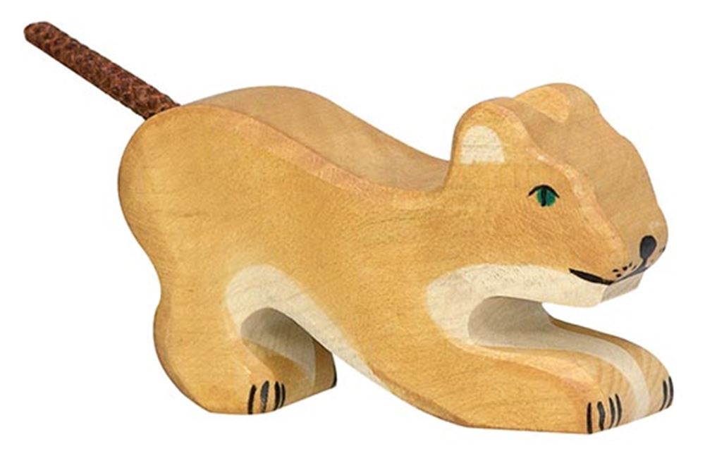 Holztiger Leeuw, klein, spelend. 8 cm.