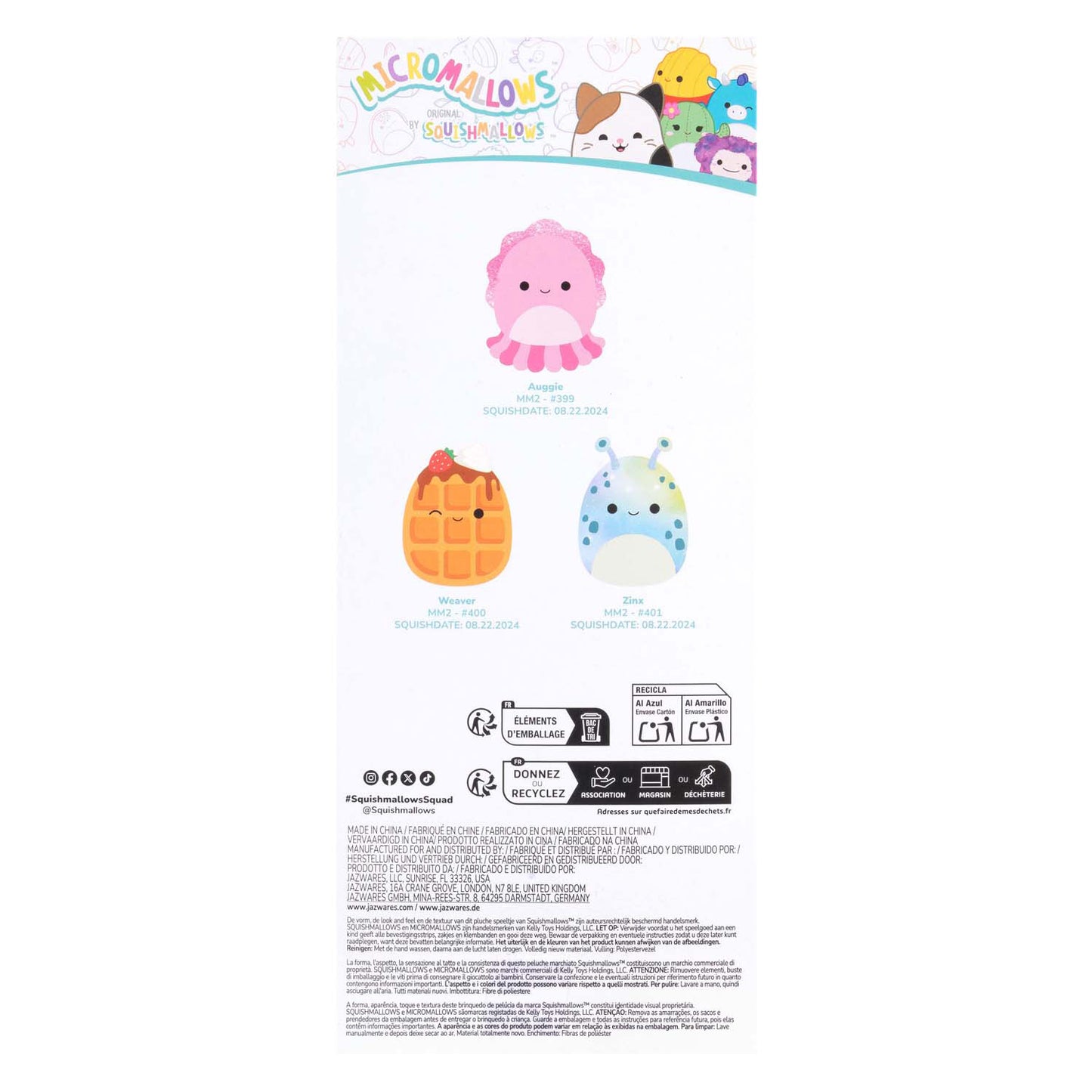 Jazwares Squishmallows knuffel pluche - micromallows auggie, weaver, zinx - 3dlg.