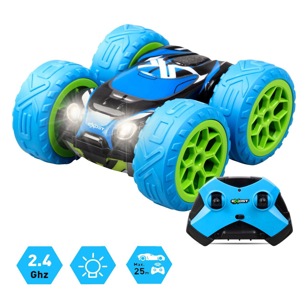 Spectron Exost rc 360 cross mx bestuurbare stuntauto blauw groen - 12 km u