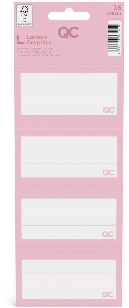 QC COLOUR zelfklevende schooletiketten roze - set van 16 stuks