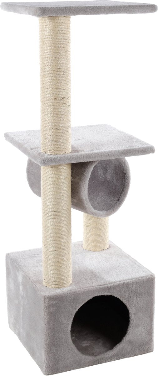 Flamingo Krabpaal – baretti grijs ecru – 35x35x103 cm – krabpaal met tunnel, huisje ligplateaus – stijlvolle kattenboom – voor alle kattenrassen