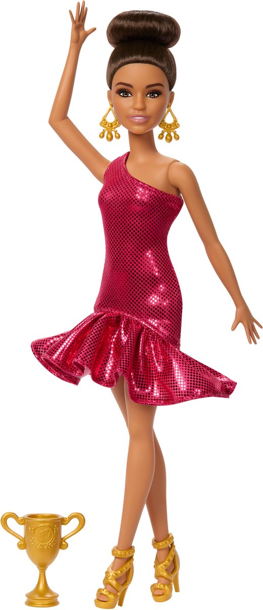Barbie Mattel ballroomdanser pop met accessoires en gouden details.