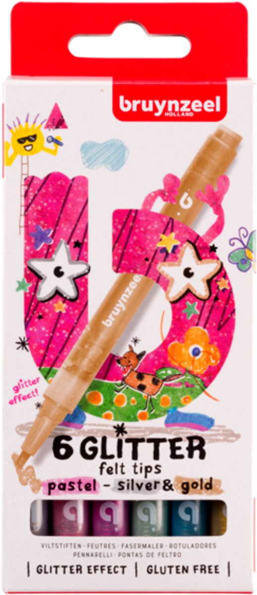 BRUYNZEEL glitter viltstiftenset pastel | 6 kleuren