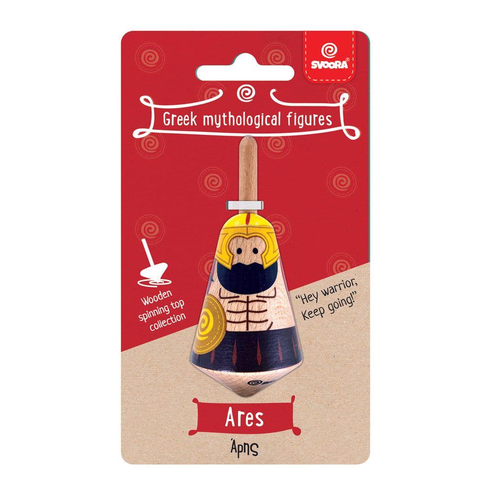 Griekse houten tol: Ares. 3,5x3,5x8 cm.