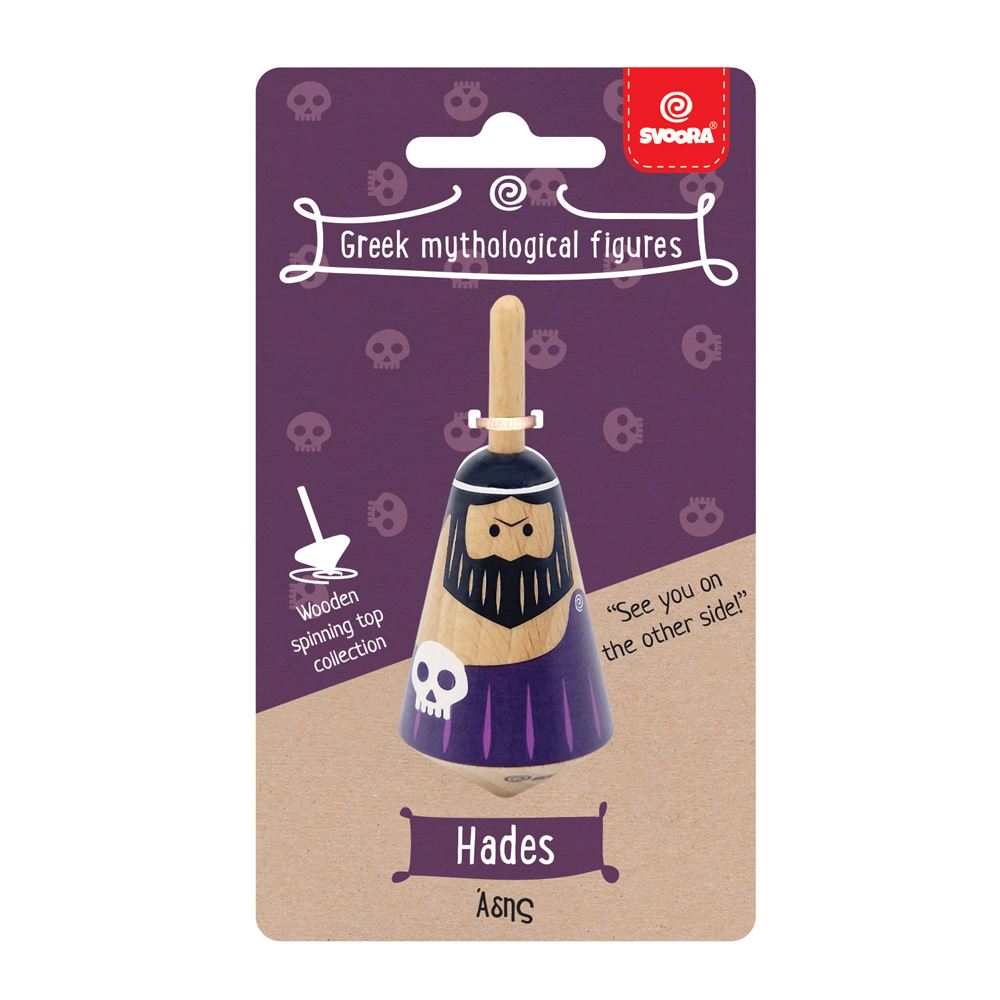 Griekse houten tol: Hades. 3,5x3,5x8 cm.