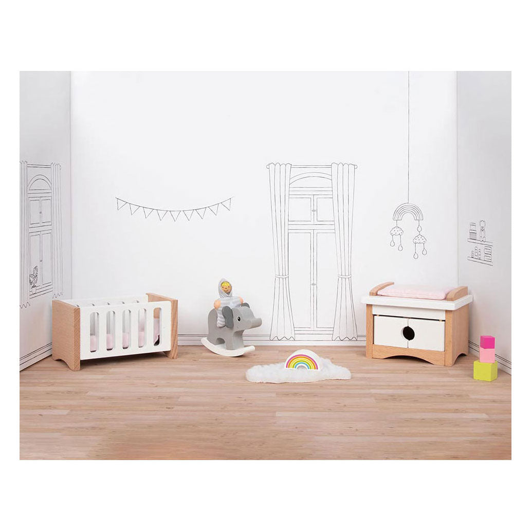 Goki Poppenhuismeubeltjes: design kinderkamer, 12-delig, 10,2x6x5,5cm (bed), beukenhout en stof, 3+
