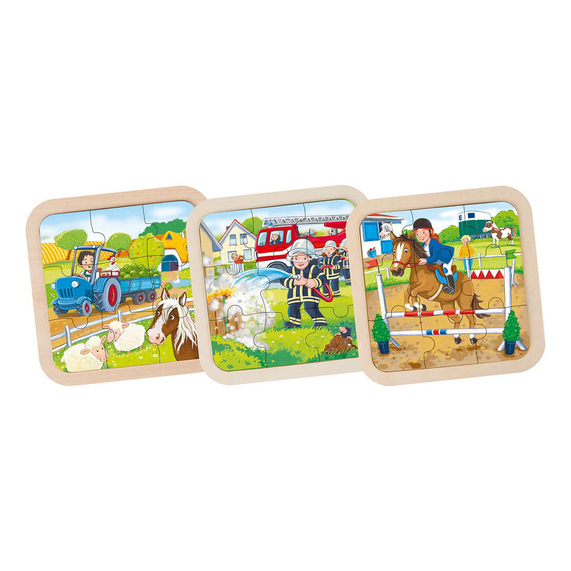 Goki houten legpuzzel boerderij, brandweer, paard, 9st.