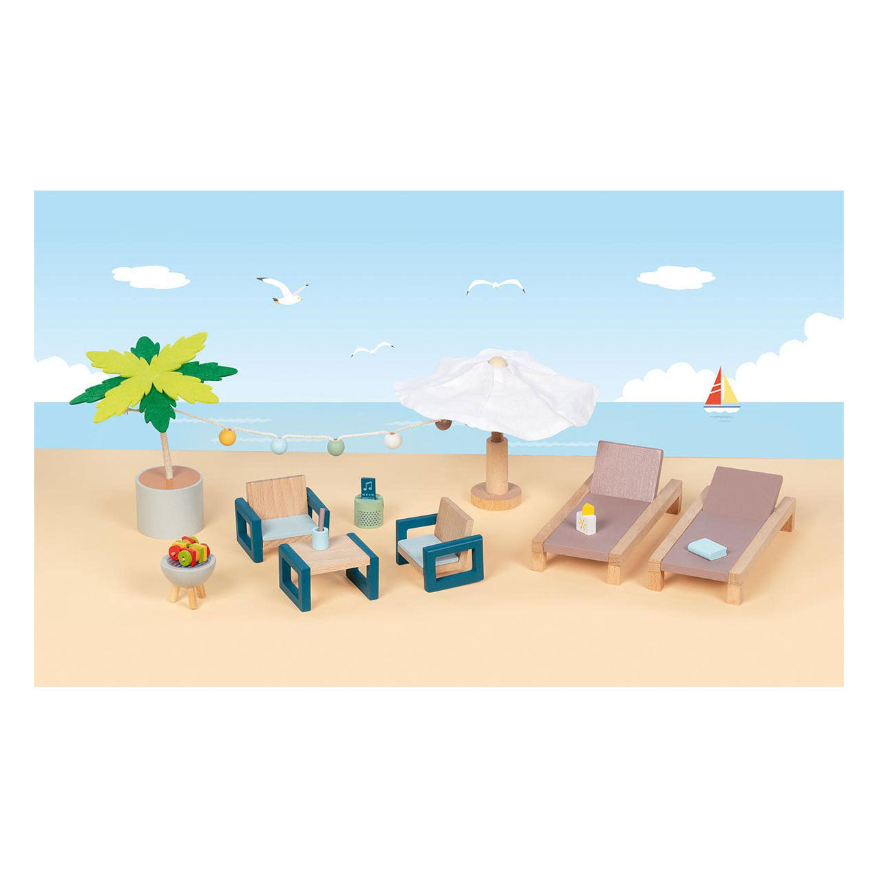 Goki Poppenhuismeubeltjes: outdoor meubelset mallorca, 17-delig, ligbed 13x6x2,2cm, hout en tekstiel, 3+